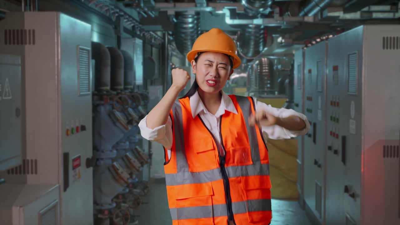 Excited Female Engineer Celebrating Success in a Factory