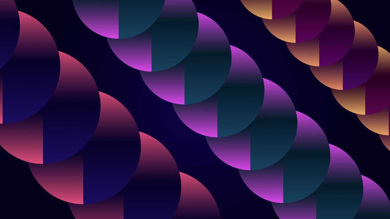 Three rows of purple spheres on dark background in 4k video.