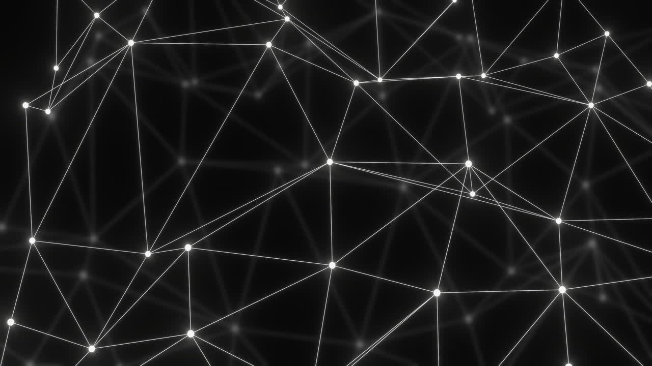 Animation of bright white network moving over distant faded network on black background