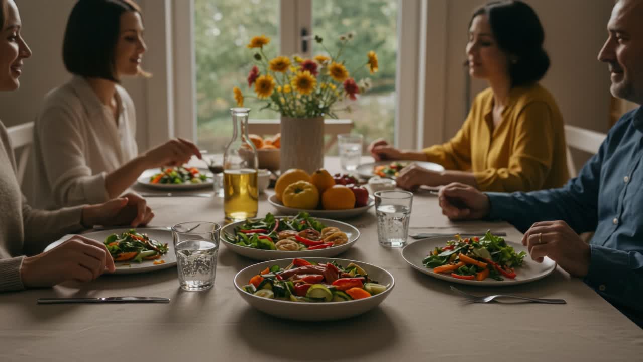 A Vibrant Gathering of Friends Around a Table Filled with Colorful Salads and Fresh Ingredients, Showcasing Joyful Moments and Delicious Food Together