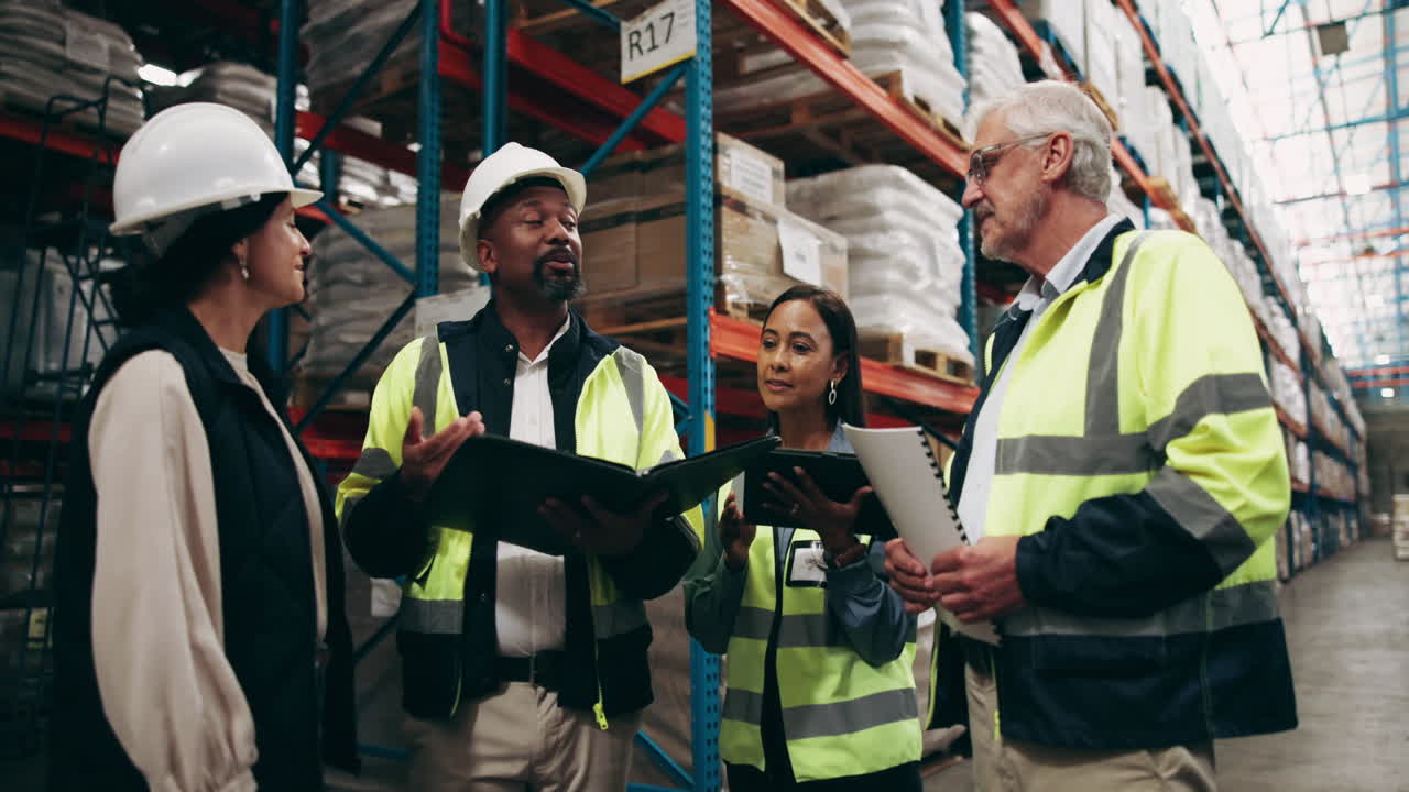 Team of warehouse workers inspecting inventory