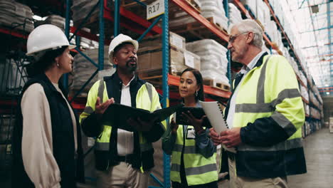 team of warehouse workers inspecting inventory