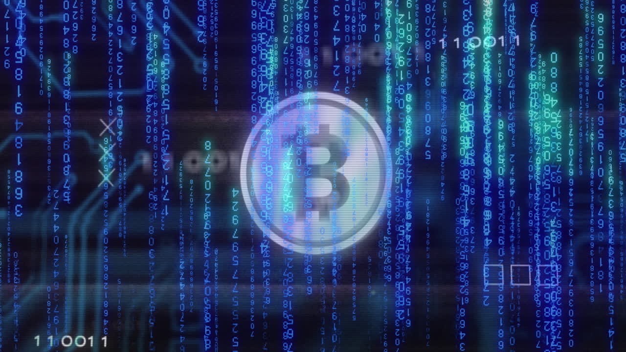 animación de bitcoin sobre números y placa de circuitos contra un fondo abstracto