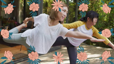 animation of orange flowers over diverse women exercising yoga