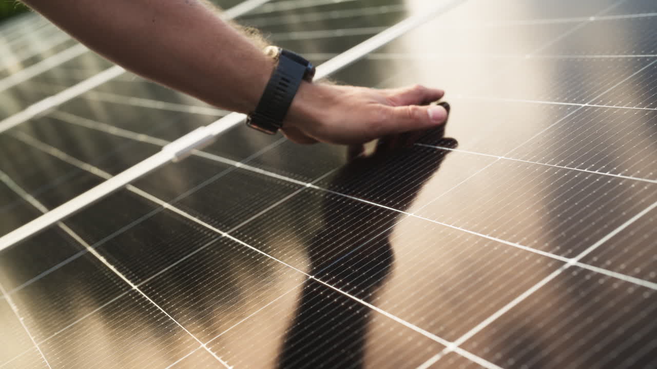 Man's Hand Touching A Solar Panel. - closeup shot