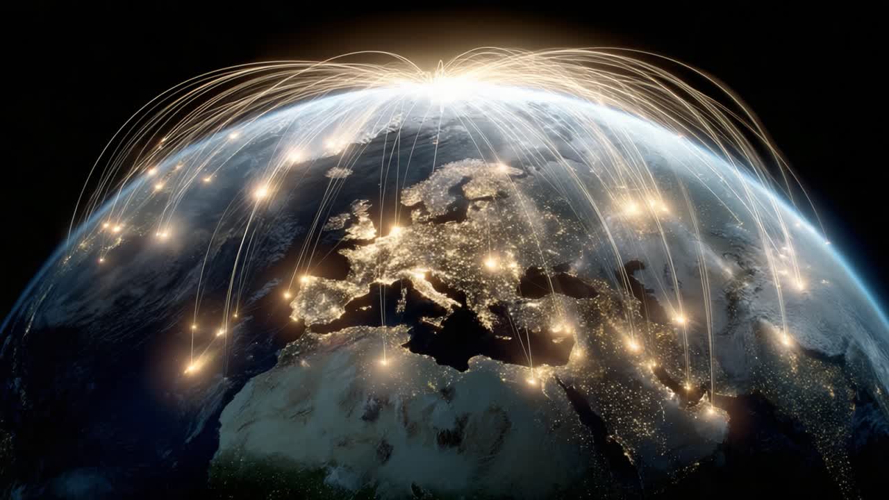 A Stunning Visualization of Global Connectivity: Illuminated Network Lines Illustrate the Interconnectedness of Continents and Cities Around the Globe