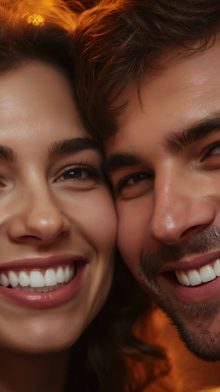 Vertical video: Smiling couple posing for close shot at home while camera filming, bokeh lights