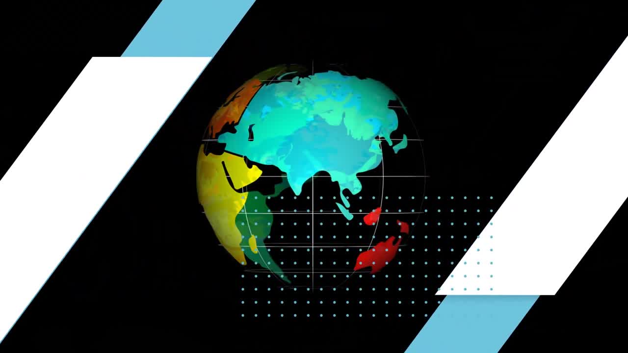 Animation of moving geometrical shapes over 3d globe spinning on black background