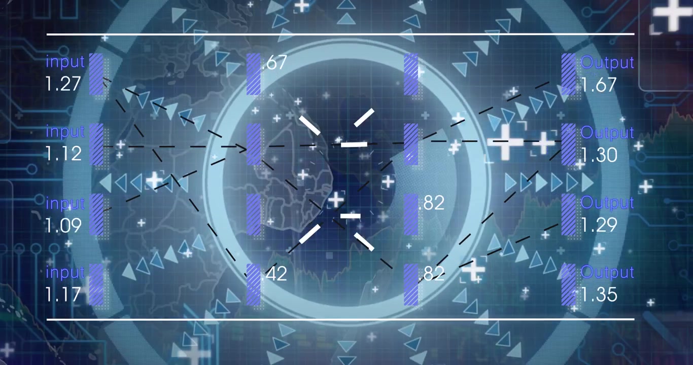 Animation of diverse data clock and globe spinning over world map