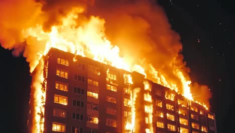 a tall building is engulfed by flames at night