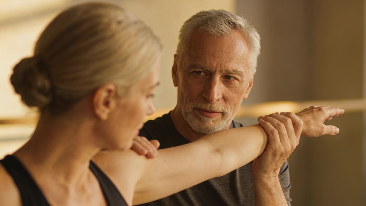 Reacting to woman reaching arm, trainer guiding stretch for rehab, hands on arm, activewear, studio