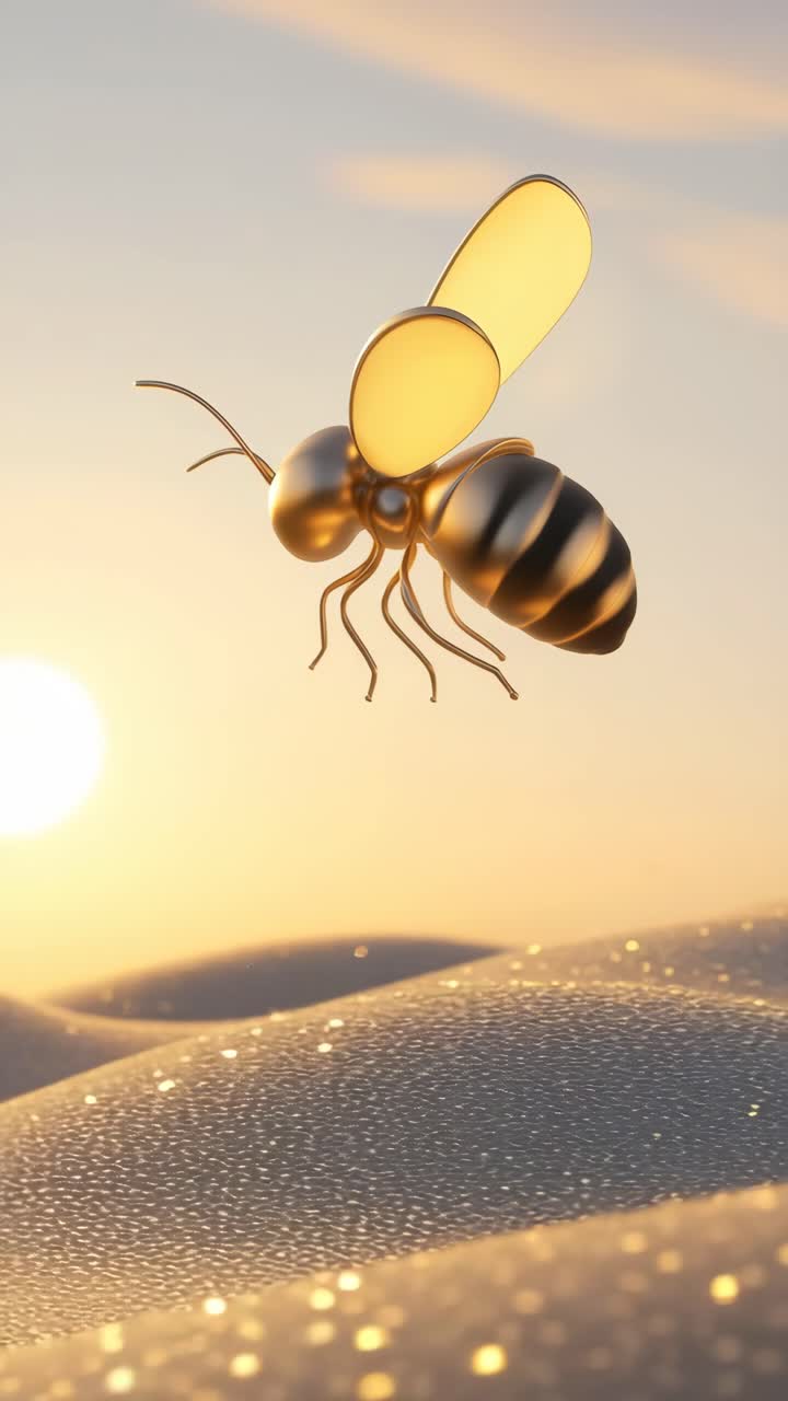 A surreal video concept featuring a golden bee hovering over shimmering dunes at sunset