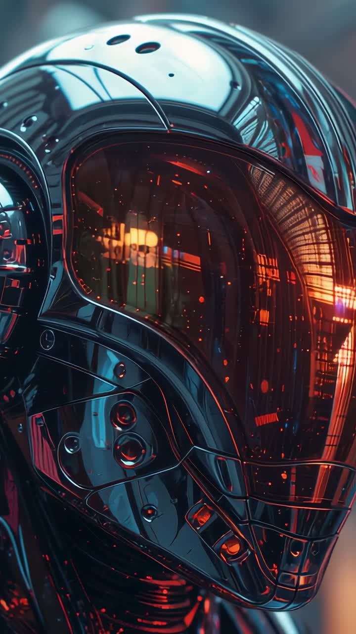 Vertical video: Starting camera circling metallic helmet on stand in lab with visor glow