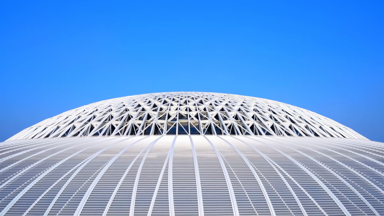 White Lattice Dome Under Blue Sky Showcasing Parametric Geometry, Sweeping Roof Ribs, Crisp Shadows, Minimal
