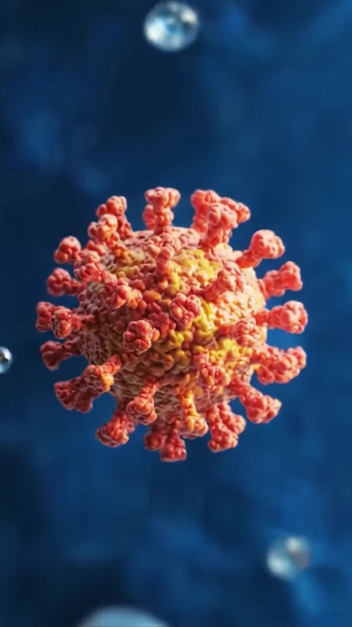 Una visualizzazione dettagliata delle particelle di coronavirus che fluttuano su uno sfondo blu, mostrando la loro struttura unica e le complesse proteine spike.