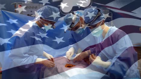 Animation-of-flag-of-usa-waving-over-surgeons-in-operating-theatre