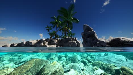 vista dividida de la sección transversal de agua de mar y palmeras en la isla