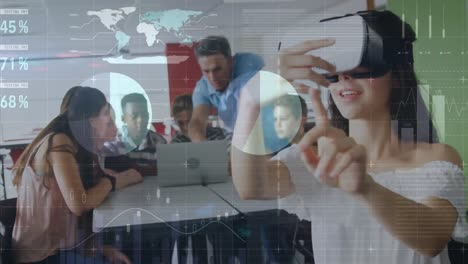 animation of data processing over diverse students with teacher using laptop