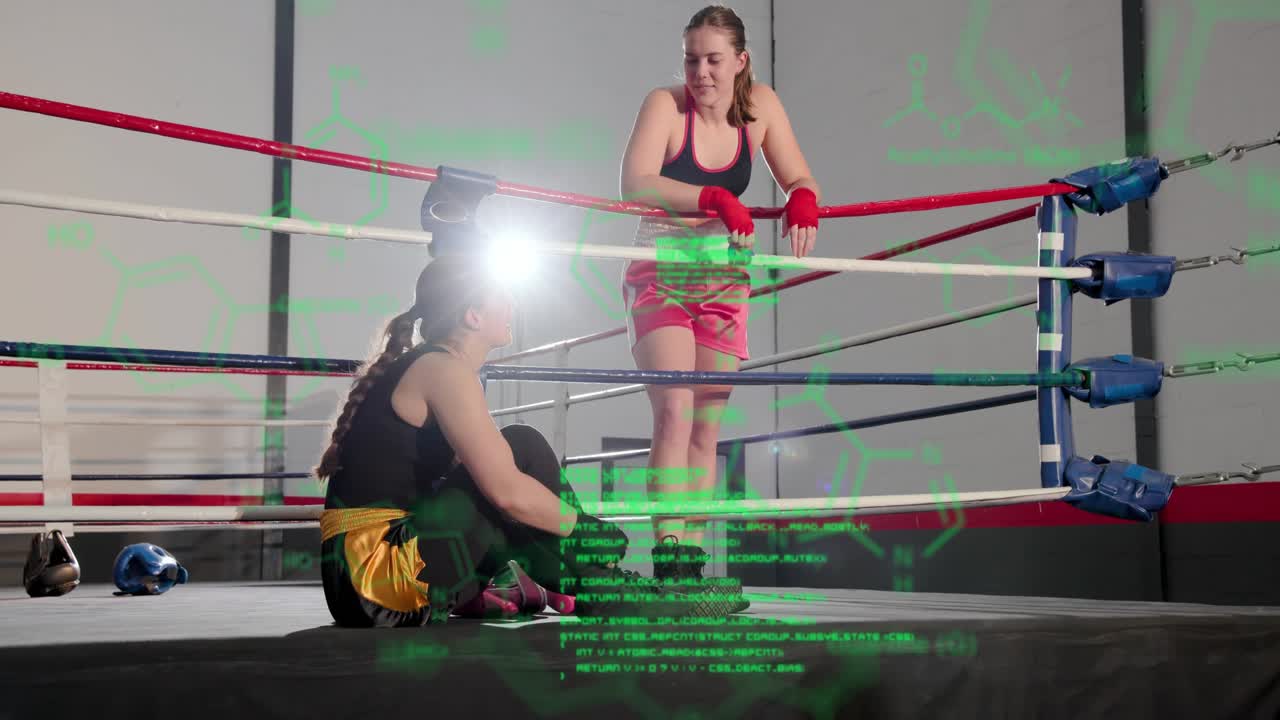 Round ending sending two boxers taking break and talking in boxing ring with overlay sweeping