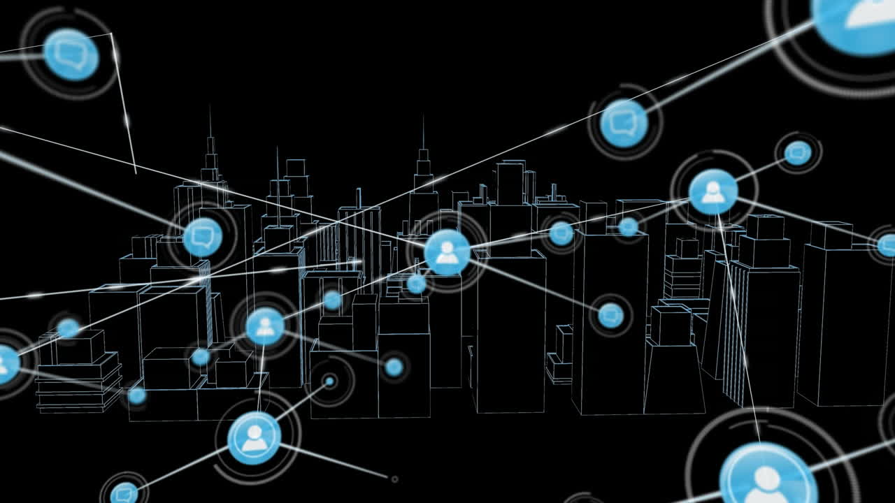 Animation of network of connections with icons over 3d city drawing