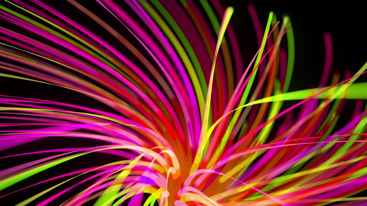 빛의 흐름: 4k에서 추상적인 루프 배경, 빛의 흔적, 공간에서 녹색, 빨간색, 노란색, 네온 선의 흐름은 나선형 모양을 형성하기 위해 움직입니다.