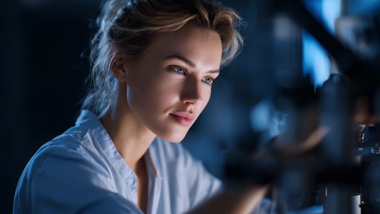 Focused Researcher Analyzing Samples in a High-Tech Laboratory Environment, Capturing the Essence of Innovation and Precision in a Dynamic Scientific Workspace Under Soft Ambient Lighting