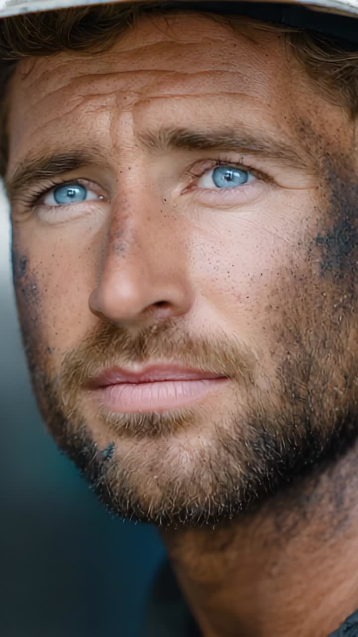 A resolute worker gazes thoughtfully, embodying determination and resilience after a long day, with striking blue eyes and a face marked by labor's challenges and triumphs
