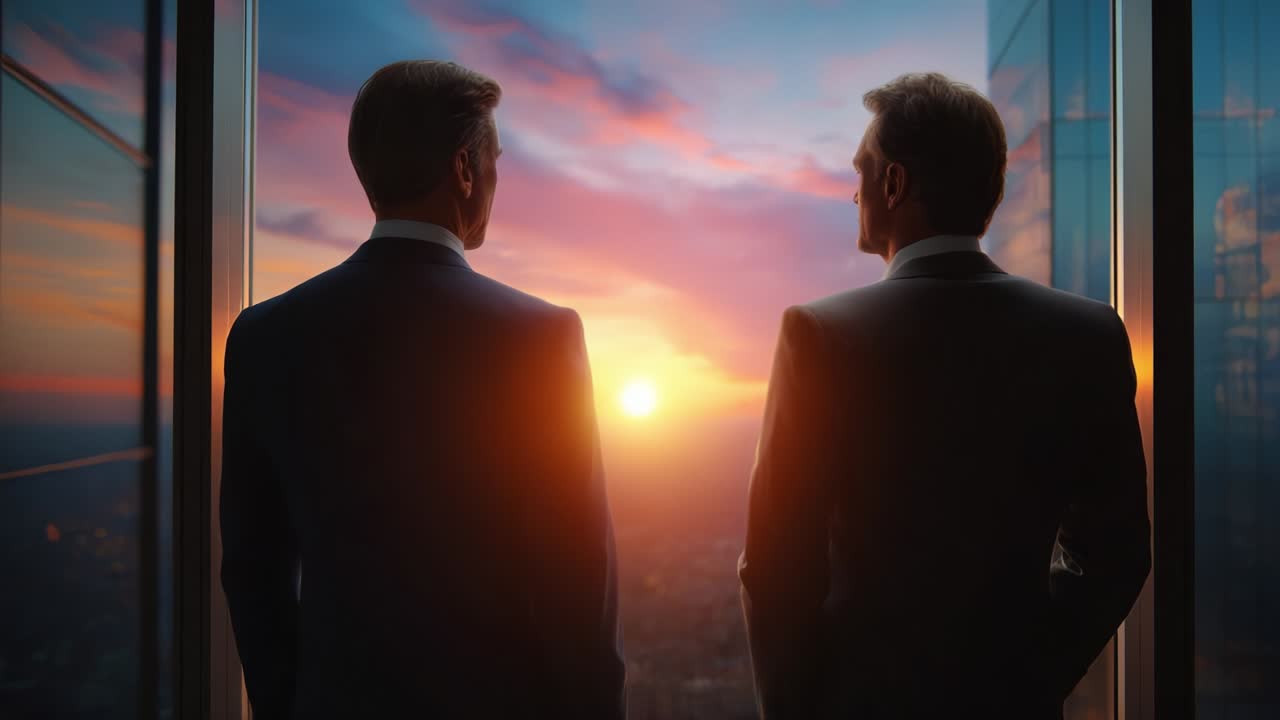 Two professionals, standing together in a high-rise office, observe a stunning sunset illuminating the urban skyline, a moment of reflection and camaraderie against the backdrop of vibrant colors and fading daylight