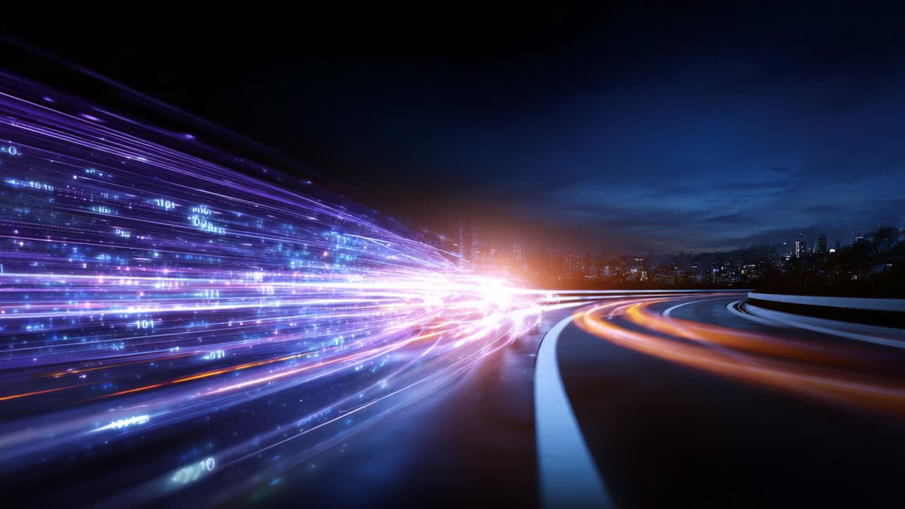 A mesmerizing display of speed and motion captured in a stunning visual of illuminated streaks along a winding road at night, showcasing the vibrant interplay of light and energy in a dynamic urban landscape