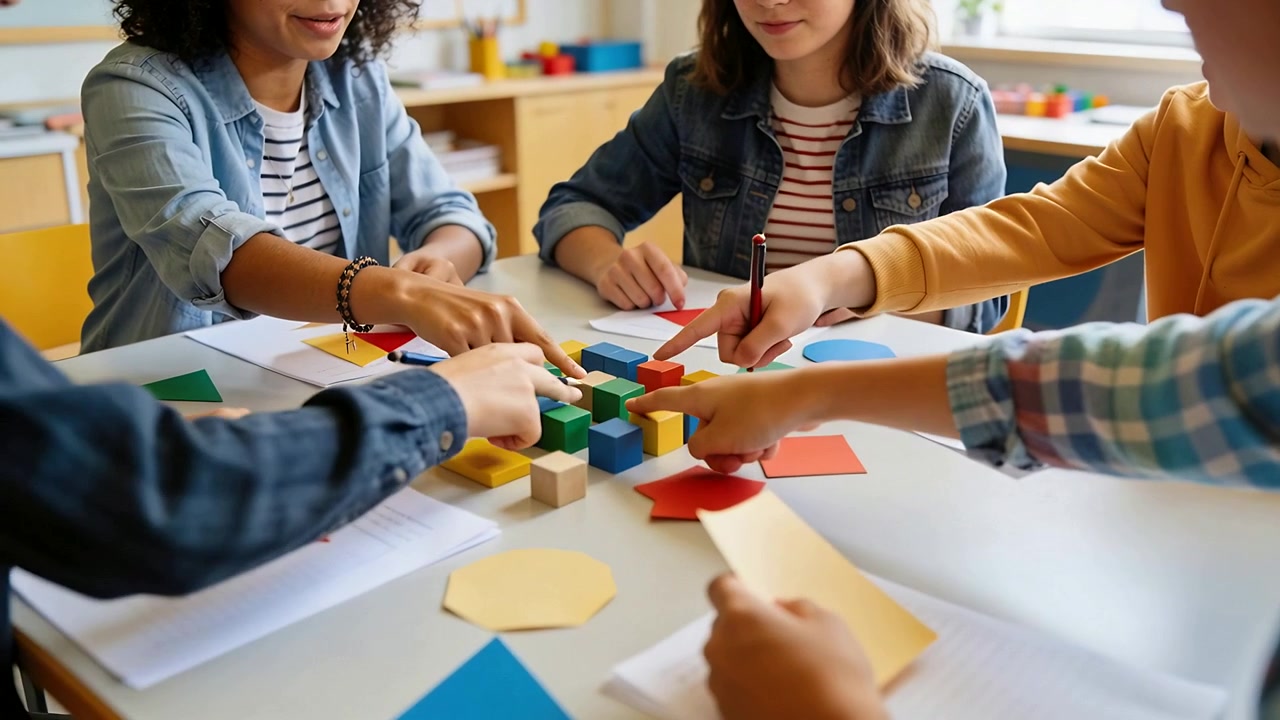 Compito che inizia con cinque studenti che dispongono schemi e prendono appunti a un tavolo scolastico con cubi, felpa gialla
