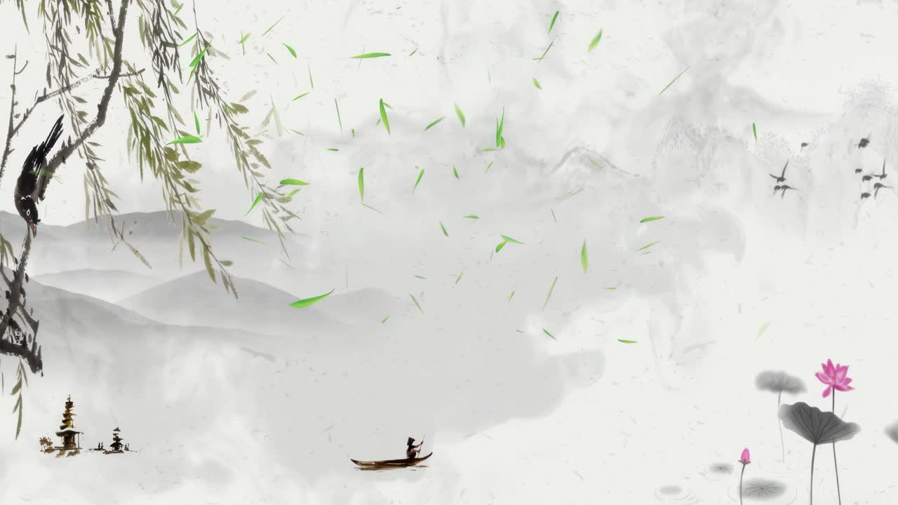 아름다운 아침 하늘, 산, 꽃, 호수, 고대 집의 환상적인 밝은 분위기 풍경, 간단한 애니메이션과 함께 일본어 중국 애니메이션 수채화 스타일