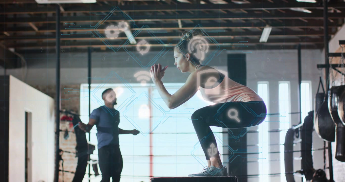 Woman squatting, doing box jumps for fitness, HUD icons overlaying subjects, man skipping rope