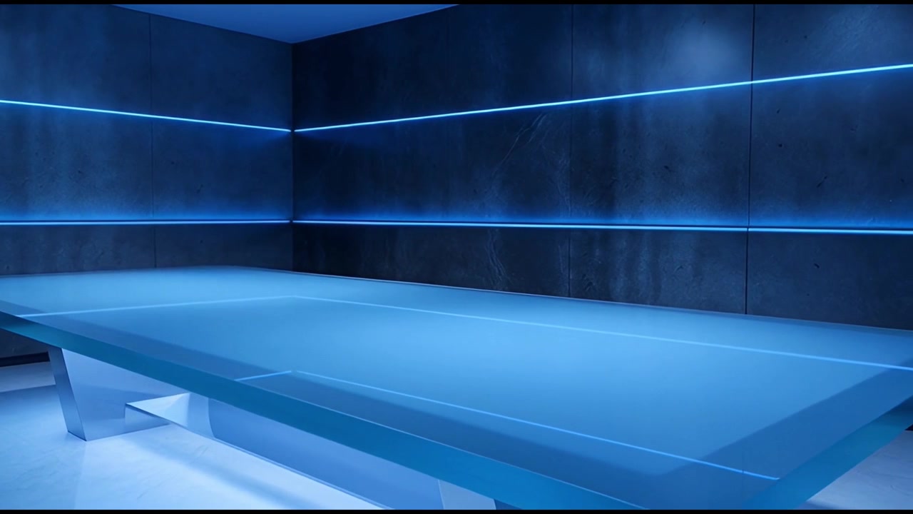 Modern Futuristic Conference Room with Glowing Blue Table