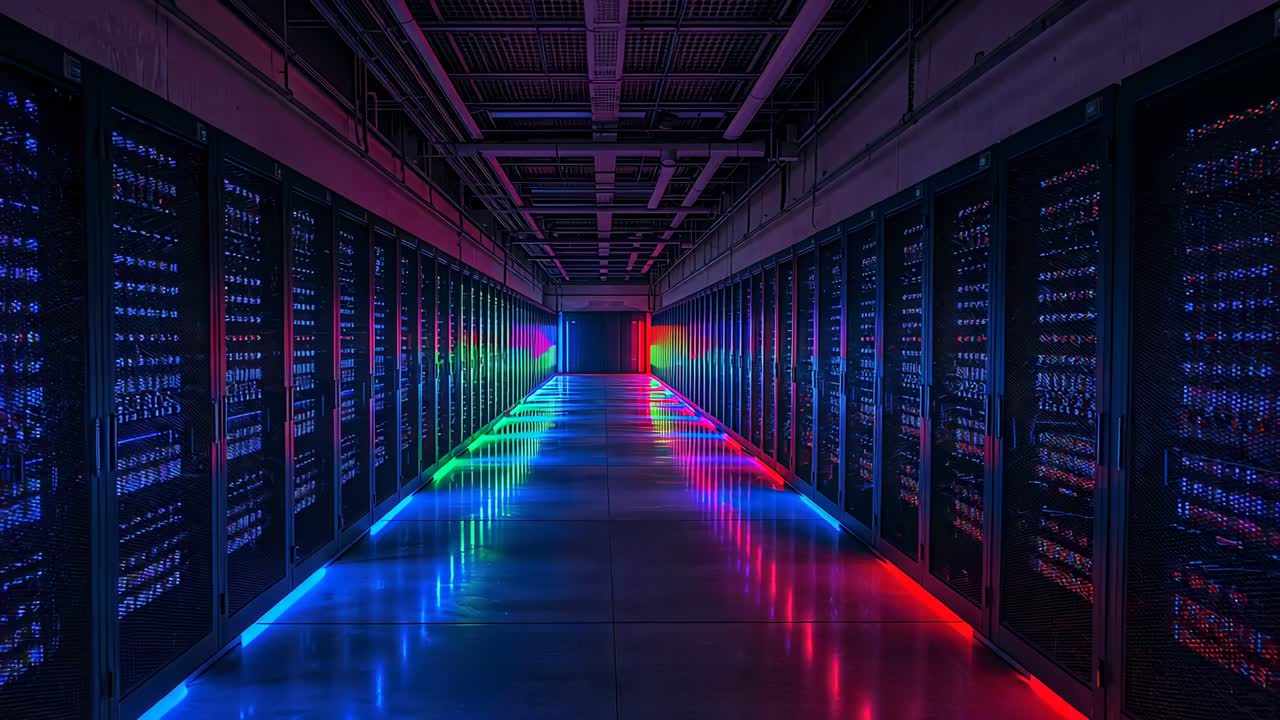 Moving camera revealing server rack corridor, RGB floor LEDs reflecting, showing depth toward door