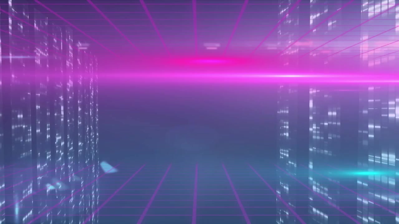 Animation of moving columns over light trails of purple light on black background