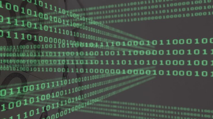 Animation of digital binary code over euro banknotes