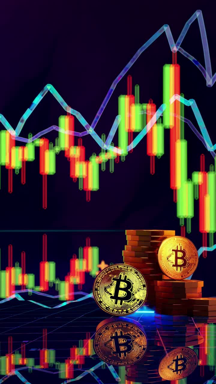 Low-angle view of Bitcoin coins stacked with dynamic stock market charts in the background