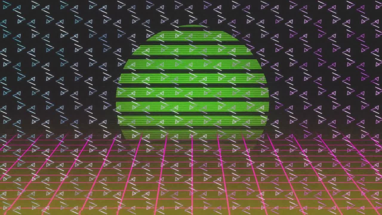 핑크색 그리드에 빛나는  ⁇ 빛 위에 움직이는  ⁇ 색 모양의 애니메이션