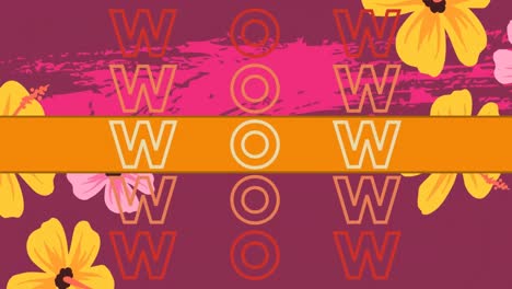 Animation-of-wow-over-colorful-graphics-and-flowers