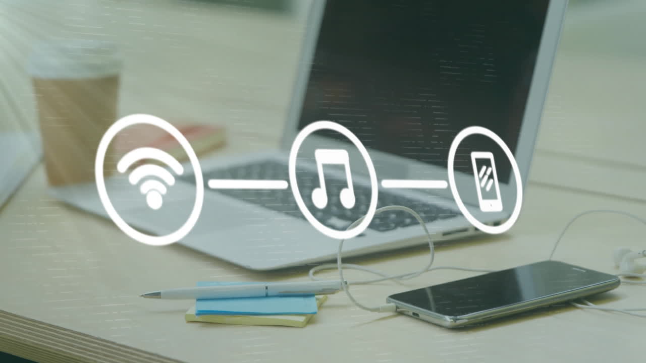 animación de la red de conexiones con iconos sobre la oficina vacía con portátil