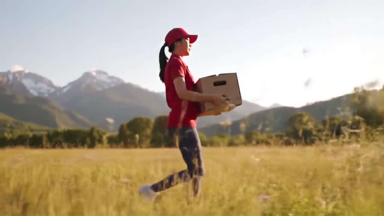 A delivery person in a red shirt runs across a beautiful field with mountains in the background. The sun shines brightly, creating a lively afternoon atmosphere perfect for outdoor activities.