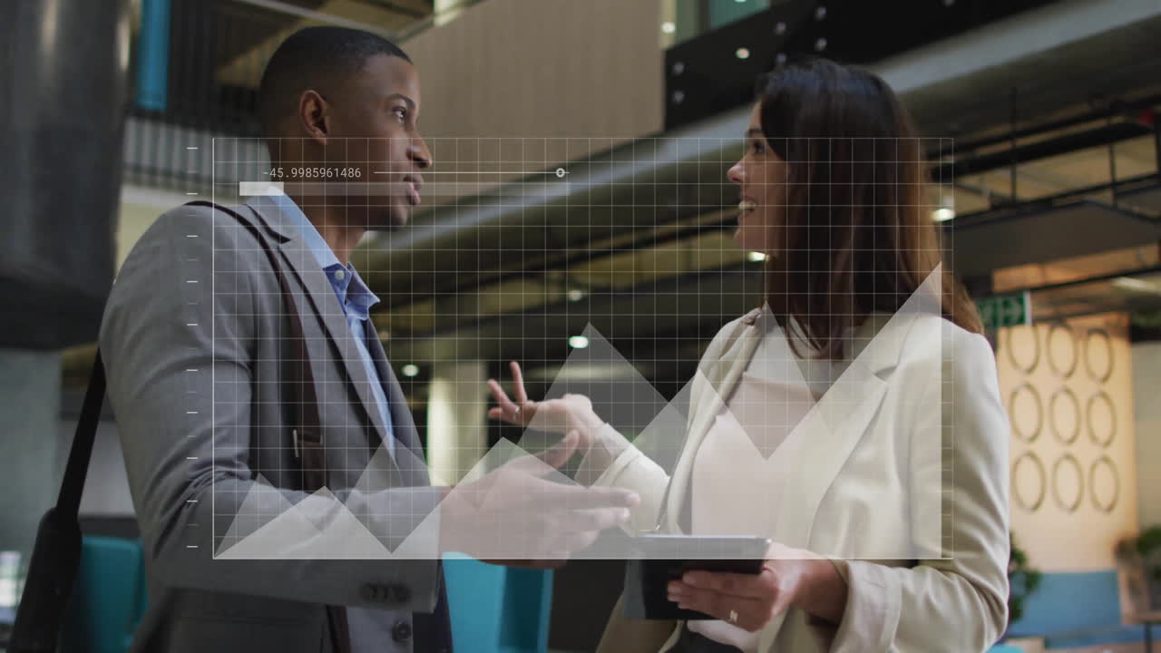 Animation of data processing and diagrams over diverse colleagues discussing work in office