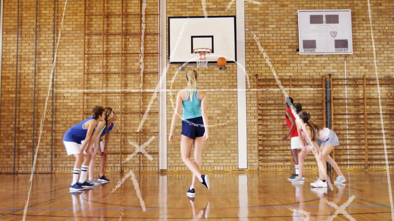 Basketball court with players practicing over strategy lines animation
