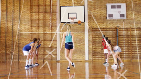 basketball court with players practicing over strategy lines animation
