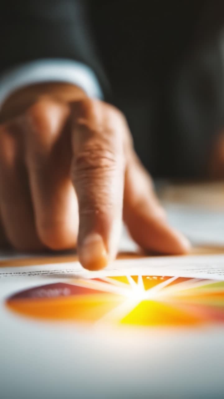 A Close-Up of a Finger Pointing at a Colorful Pie Chart, Emphasizing Data Analysis and Visualization in a Professional Setting