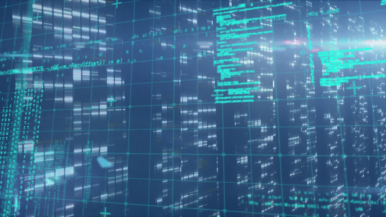 Animation of data processing on navy background with lights