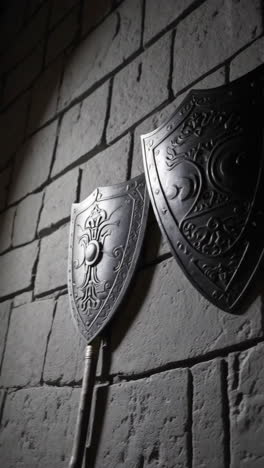 medieval shields on a brick wall