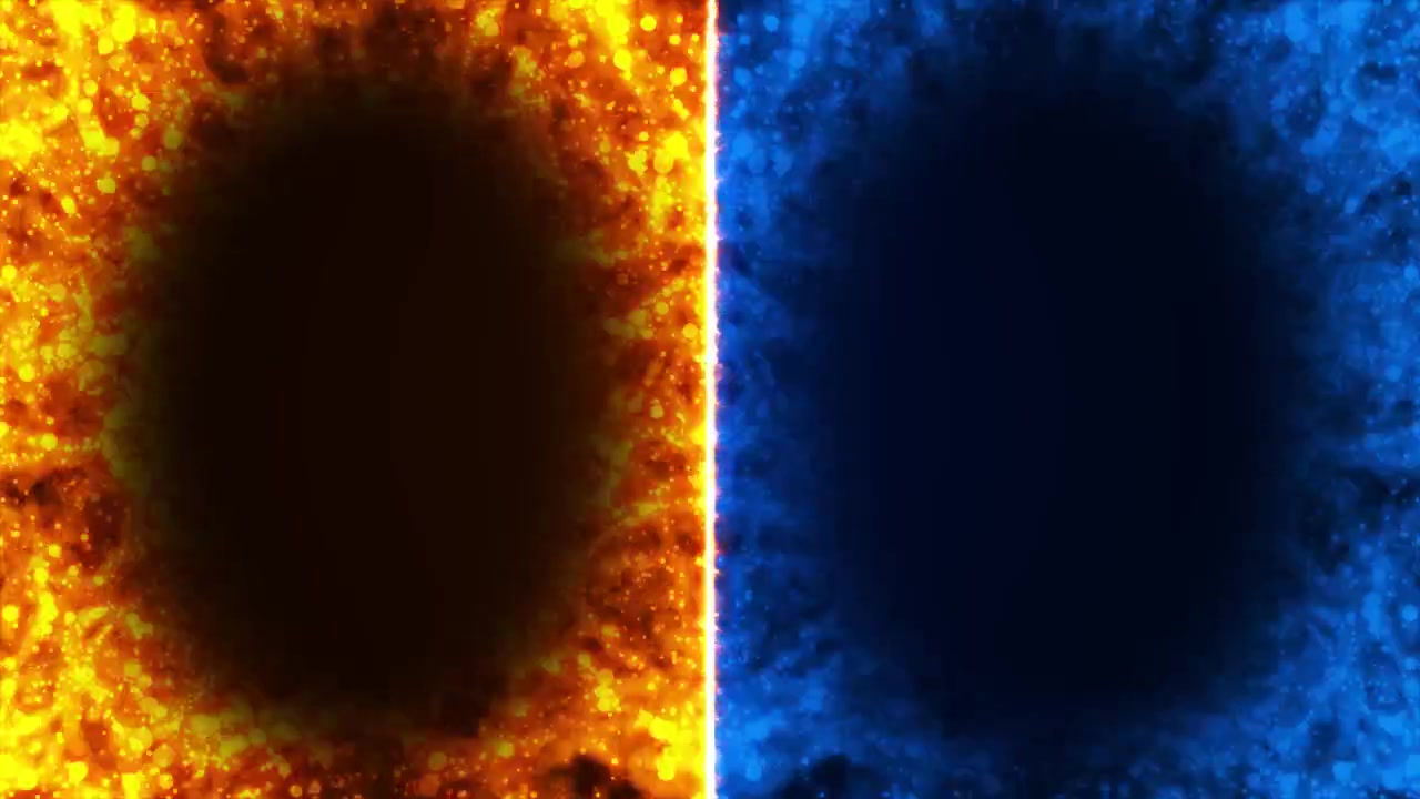 Sfondo diviso energia fuoco e ghiaccio con particelle di fiamma arancioni, texture blu ghiacciata, verticale luminoso
