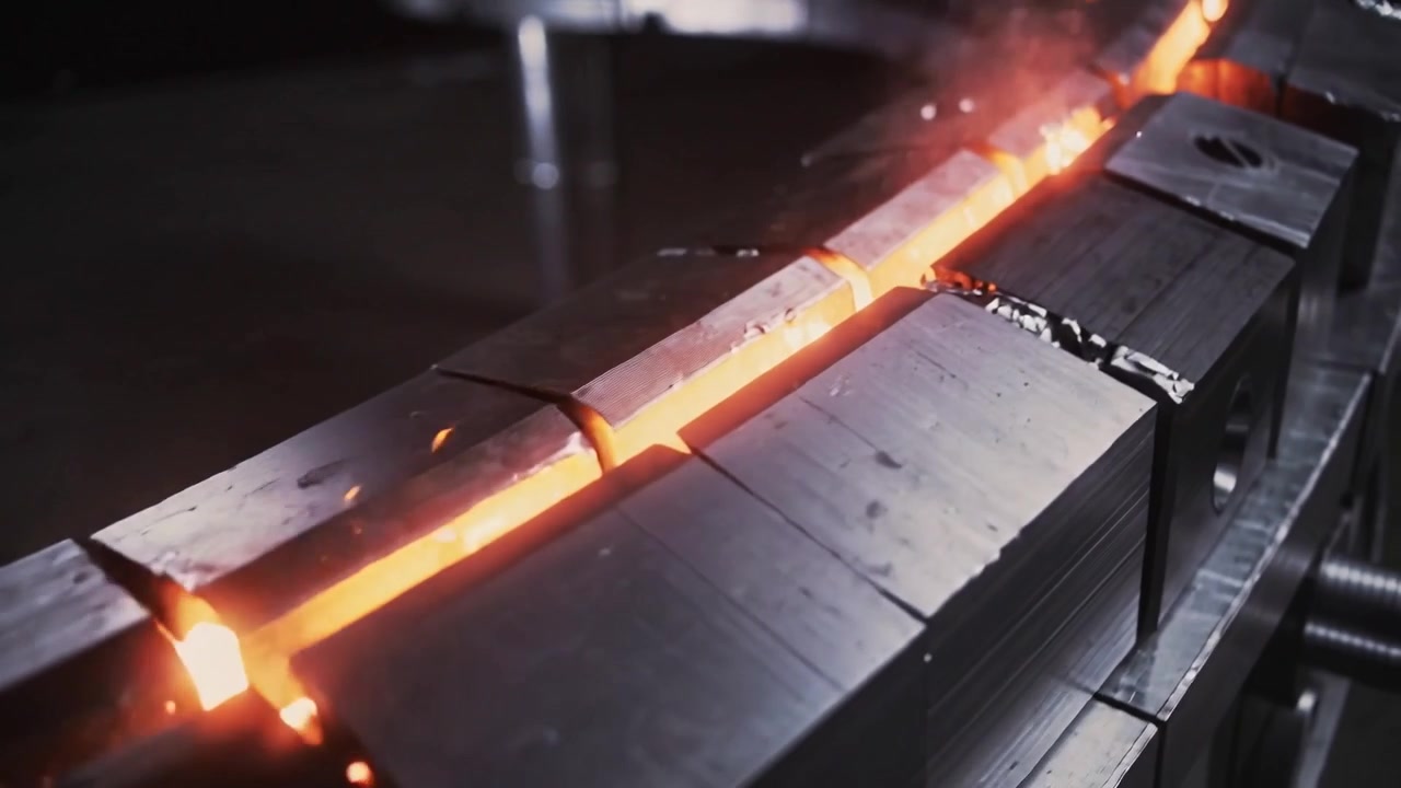 Applicando calore, una saldatrice unisce blocchi di acciaio segmentati in un'officina industriale, con la saldatura incandescente