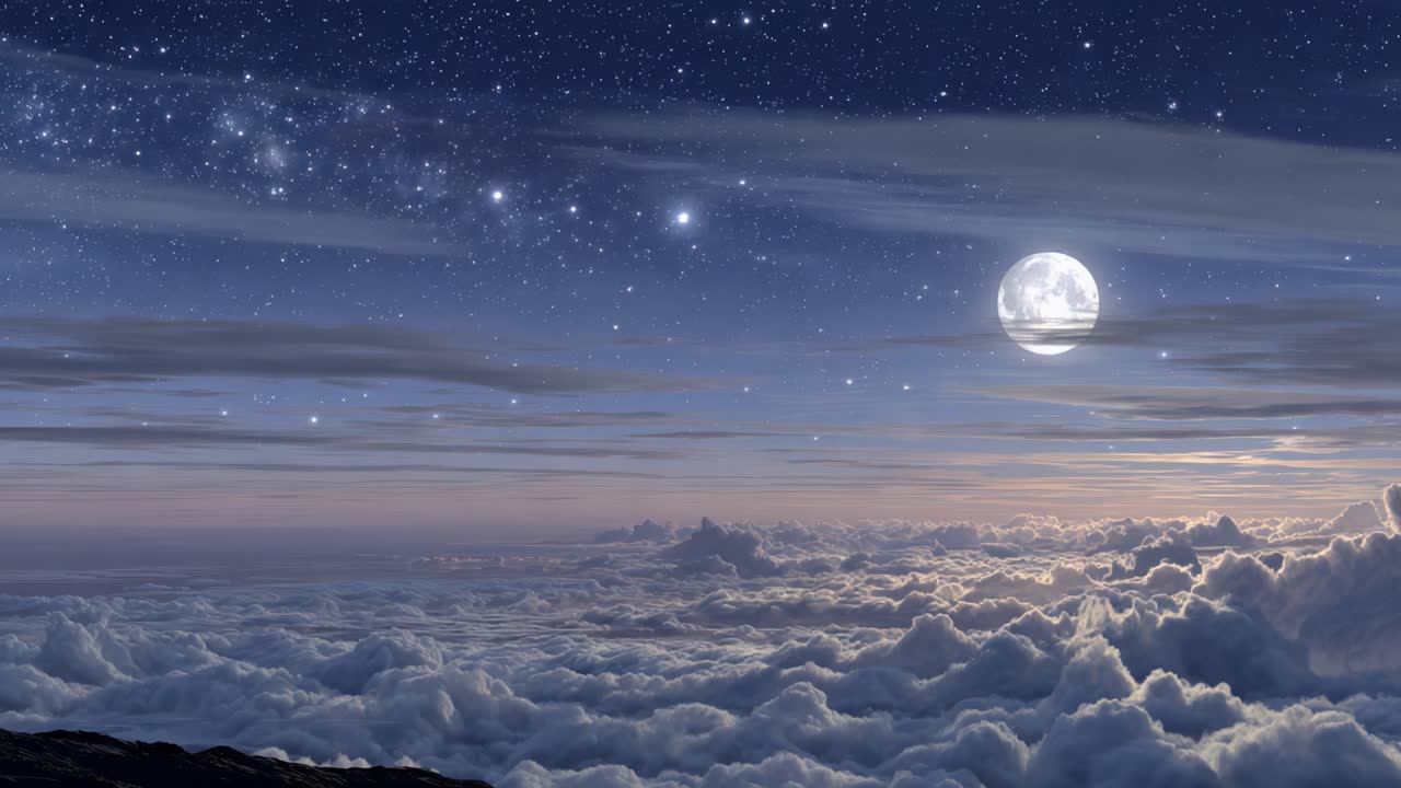 A Breathtaking View of the Night Sky Illuminated by a Full Moon Over a Sea of Clouds, Showcasing the Tranquility and Beauty of Nature